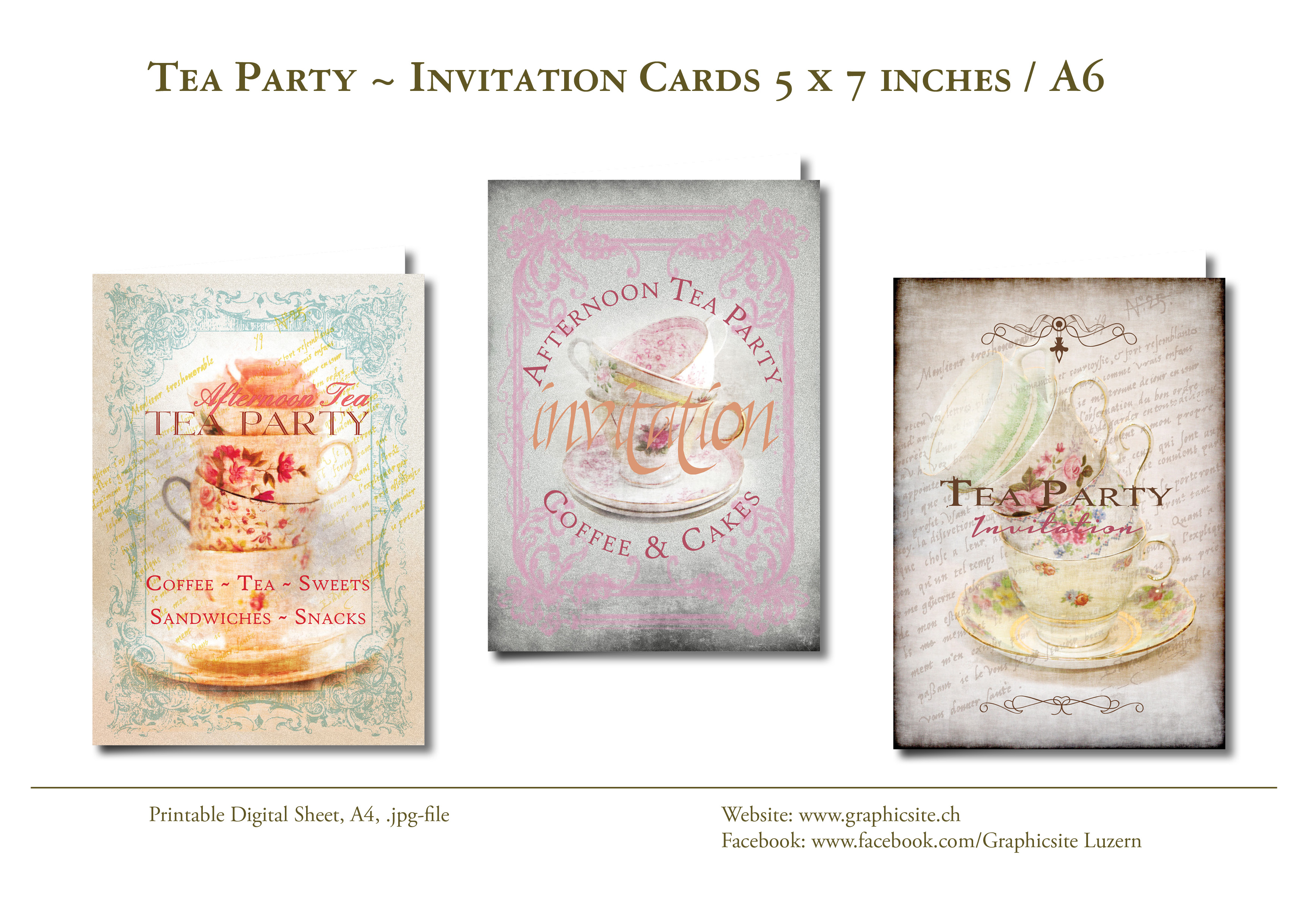 Printable Digital Sheets - DIY printing - Tea Party - #party, #invitation, #cards, #invites, #graphicdesign, #luzern, 